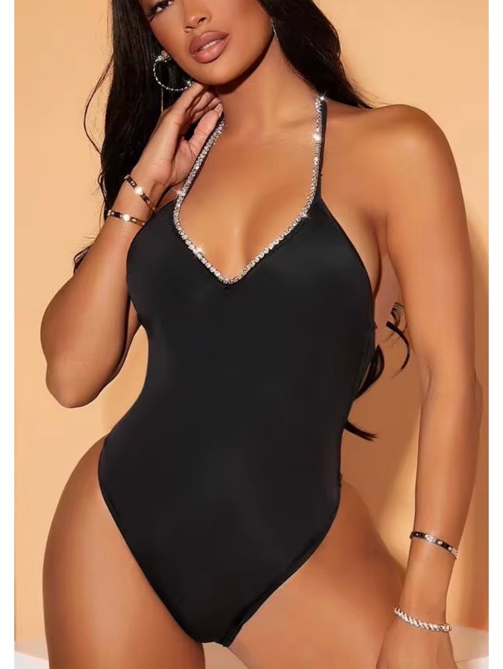 Sexy Open-Back Rhinestone Chain Halter Bodysuit – Size S